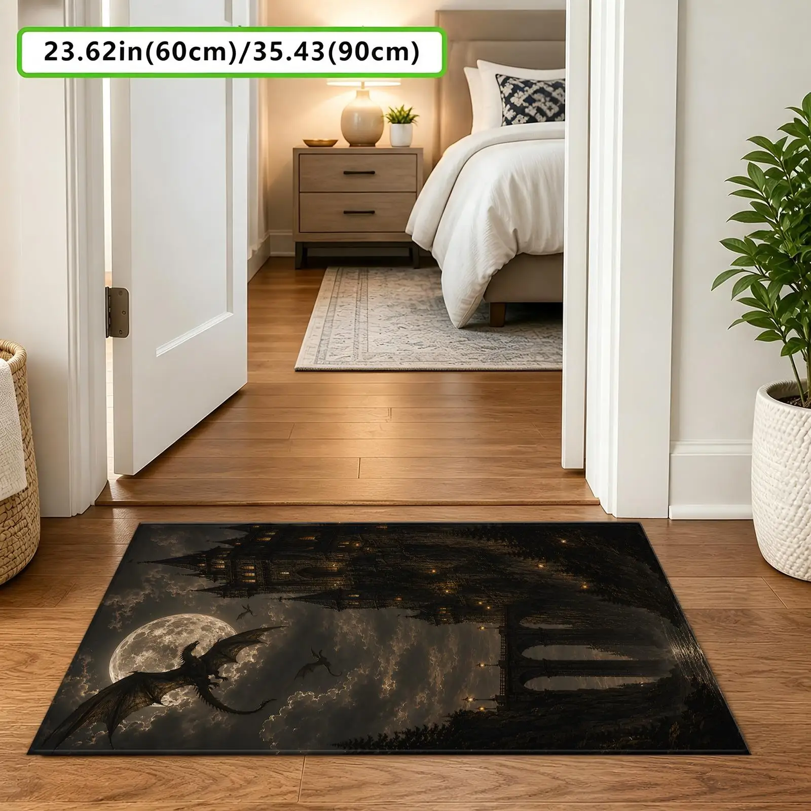 1pc 2D Flat Dark Medieval Castle Flying Dragon Full Moon Printed Floor Mat, Decorative Rug for Living Room, Bedroom, Home