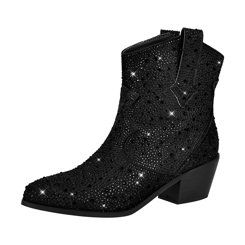 Onlymaker szpiczasty nosek botki srebrny jasny Rhinestone brokat Bling błyszczący Super ładny świecący wspaniała sukienka Cowgirl buty