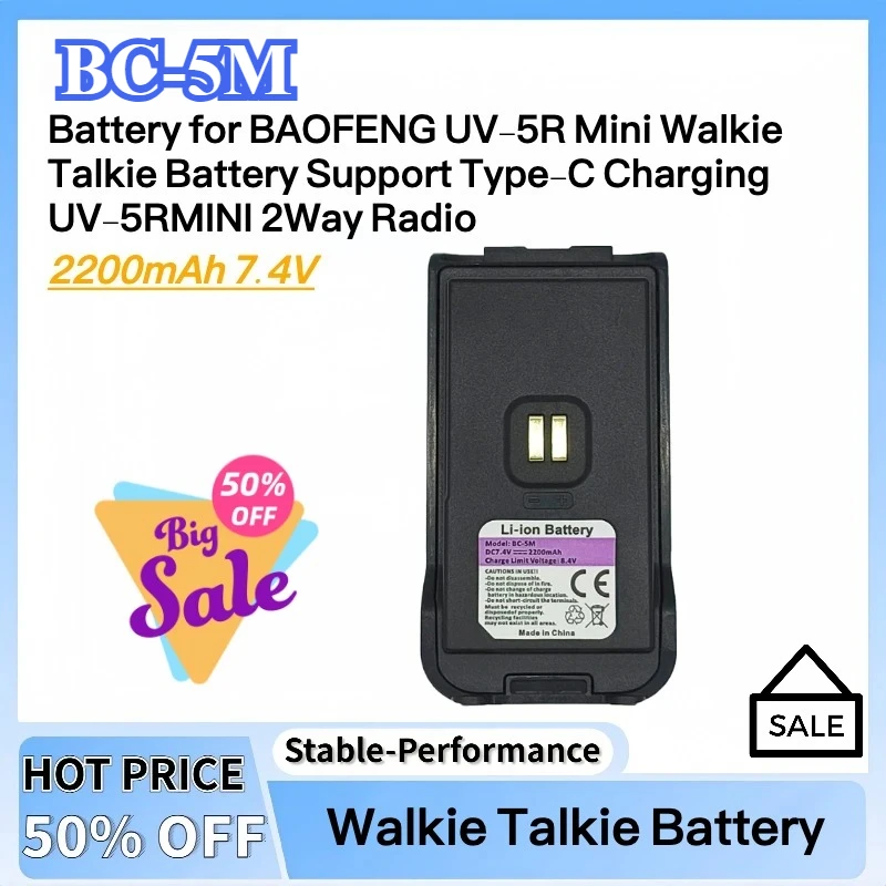 

New 2200mAh 7.4V Li-ion BC-5M Battery for BAOFENG UV-5R Mini Walkie Talkie Battery Support Type-C Charging UV-5RMINI 2Way Radio