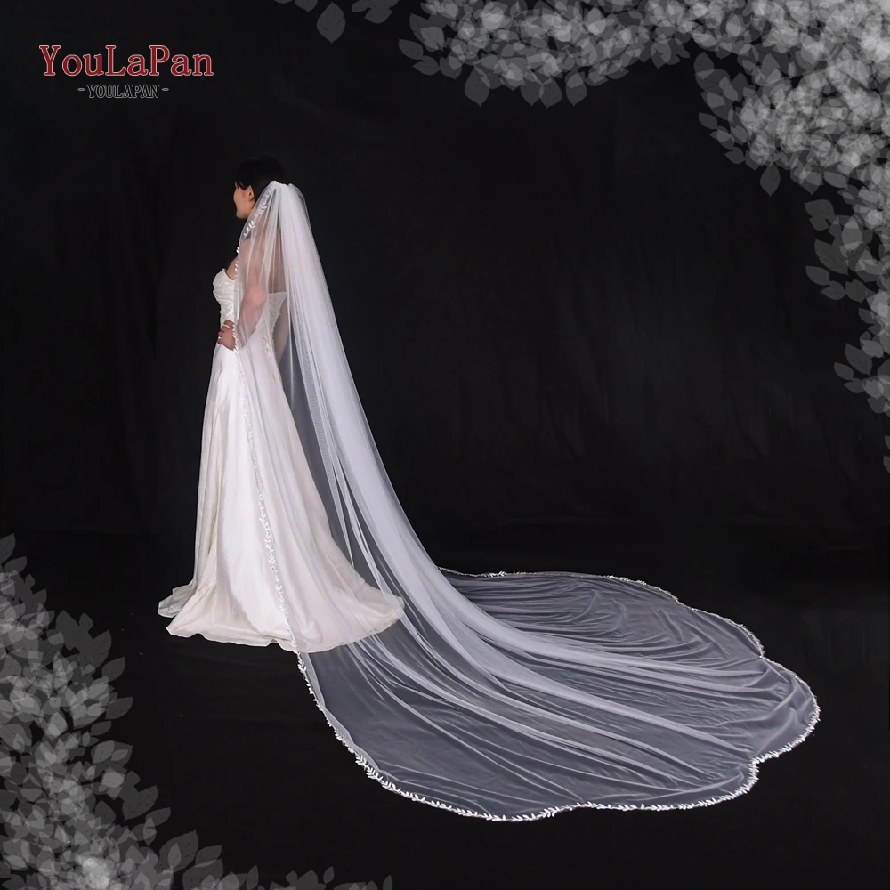 YouLaPan V142 semplice ed elegante cattedrale velo da sposa 1 livello morbido lungo bordo smerlato accessori da sposa matrimonio