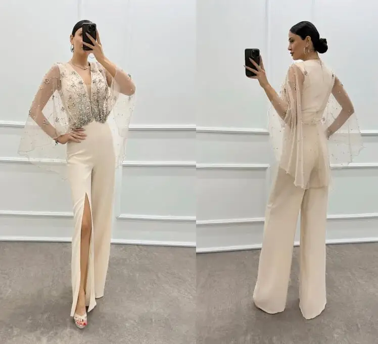

Beige Cape Embroidery Design Jumpsuit robes de soirée فساتين للمناسبات الرسمية
