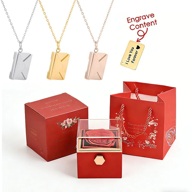 

Custom Name Envelope Necklace Personalized Rotating Reserved Flower Pendant Chain Jewelry Box For Valentine Anniversary Present