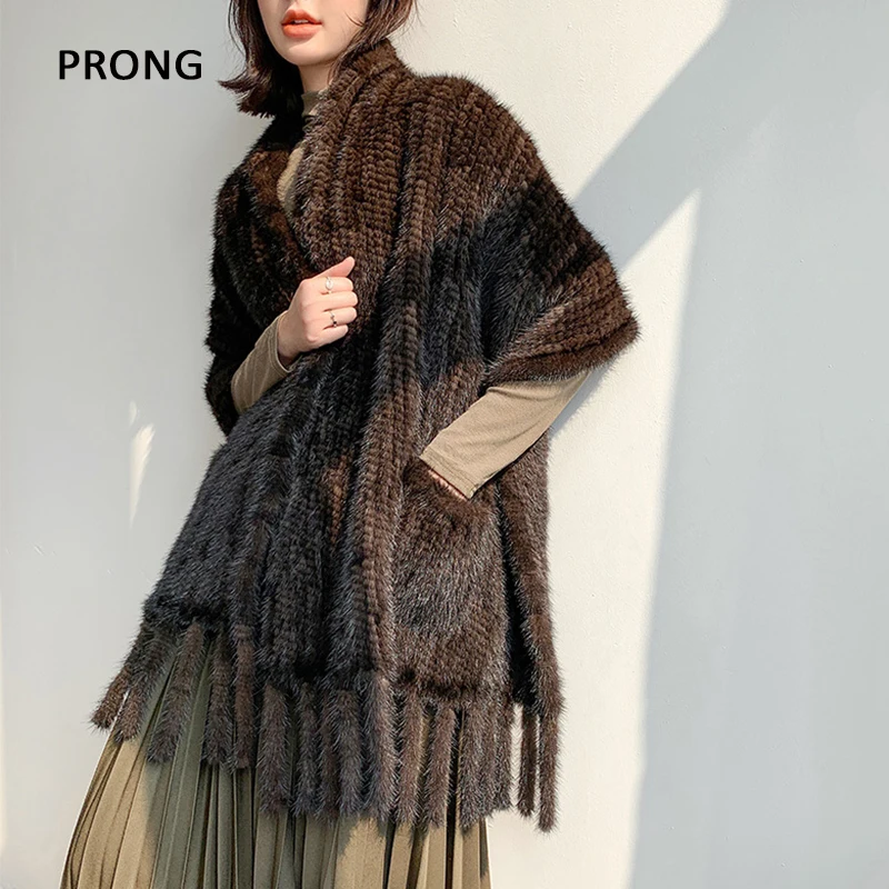 Long Style Women Knitted Real Mink Fur Scarf Fringe Natural Mink Fur Shawls Ladies Winter Warm Genuine Mink Fur Pashmina Scarves