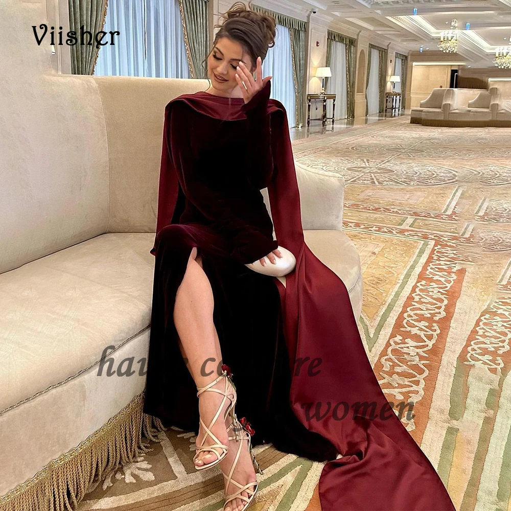 

Burgundy Velvet Mermaid Evening Dresses Long Sleeve O Neck Formal Dress with Slit Cape Arabian Dubai Prom Party Gowns