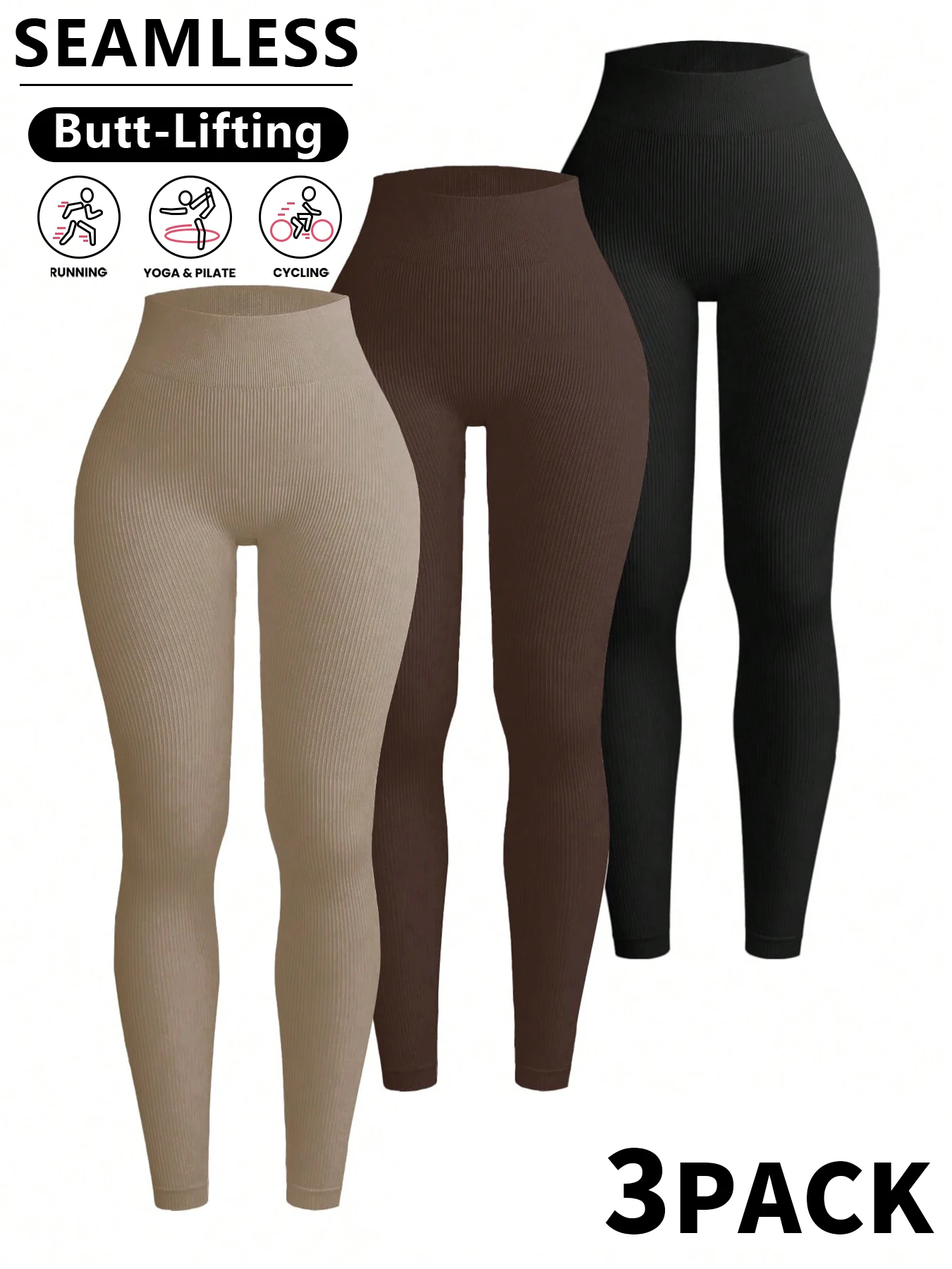 3 Packungen gerippte, nahtlose Leggings für Damen – nicht durchsichtige, hoch taillierte Yogahosen mit Bauchkontrolle für Workout, Sport und Laufen