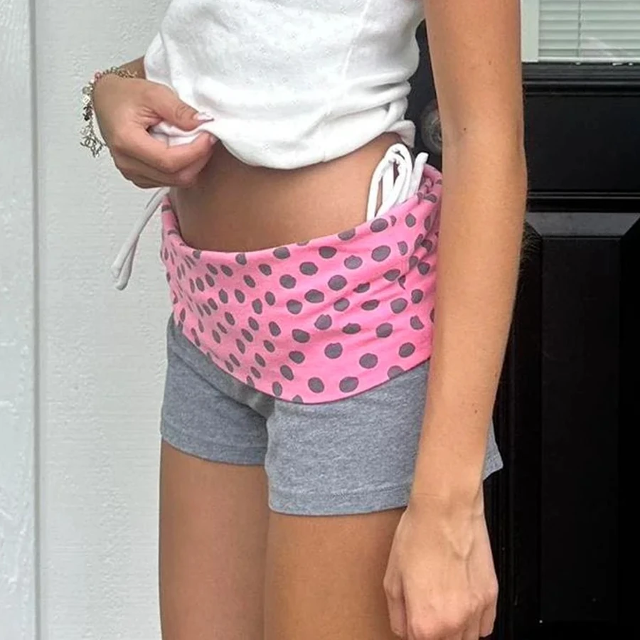 Womens Fold Over Shorts Polka Dot Waistband Low Rise Casual Shorts for Women with Side Ties Comfortable Elastic Waist Shorts