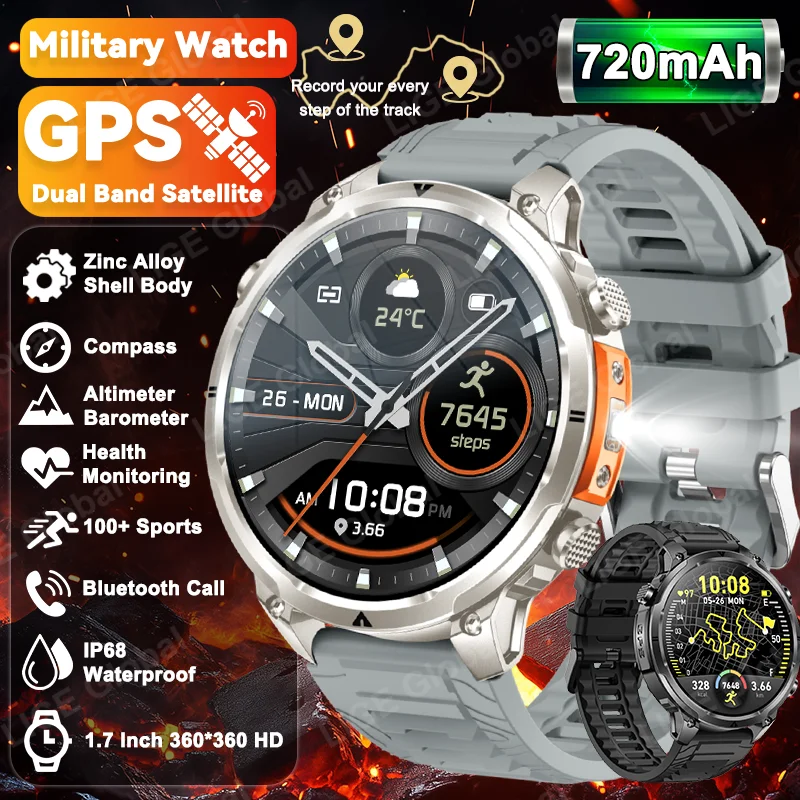 

LIGE New Military GPS Smart Watch Men RIDE Run Tracker 720mAh IP68 Waterproof Compass Altimeter Flashlight Sport Smartwatch Man