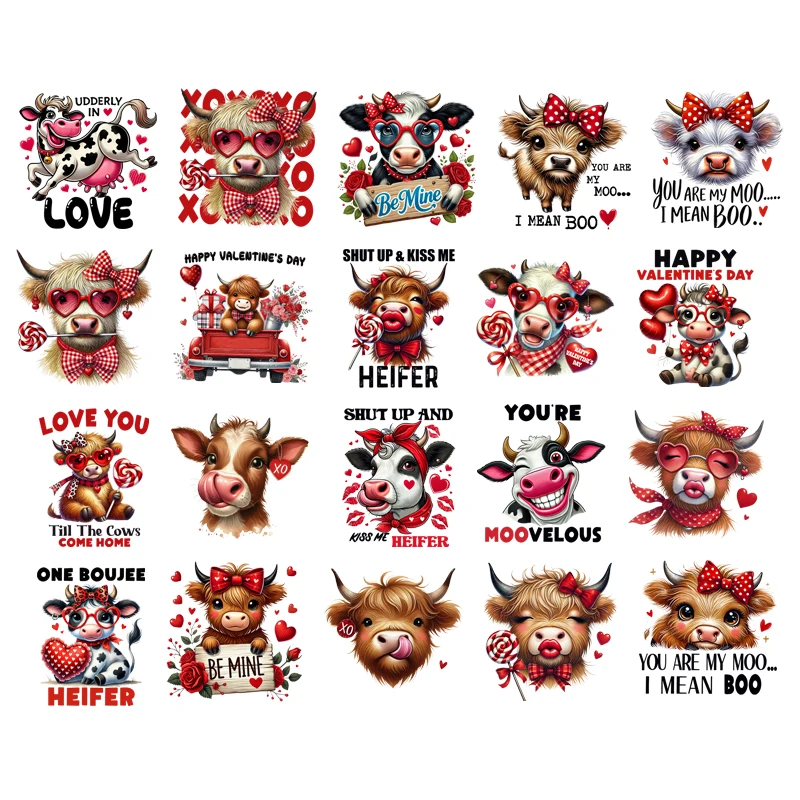 Valentine's Day Highland Cow DIY Iron-On Heat Transfer Sticker Decals T-shirts Sweatshirts Bag Clothing Fabric Handmade Decor