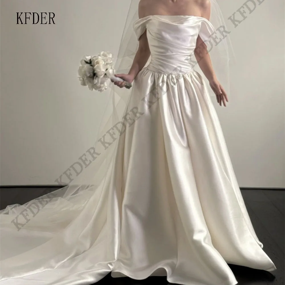 2026 Simple A-line Wedding Dress off Shoulder Satin Korea Photoshoot 웨딩드레스 Long Bridal Gown Floor-Length Corset Back Custo