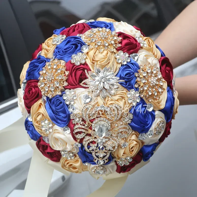 for Amazon supply wholesale golden rhinestones DIY bridal wedding bouquet simulated satin rose bouquet W902A