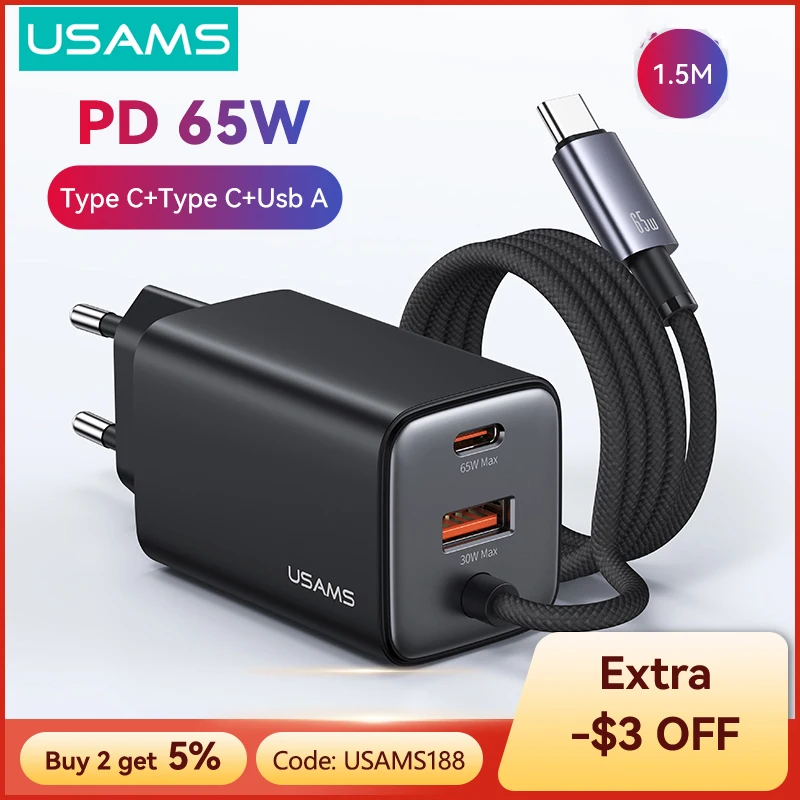 

USAMS 65W GaN Fast Charger Type C PD USB Charger with 1.5m Braided Cable Portable Charger for Laptops iPhone 16 15 14 Samsung