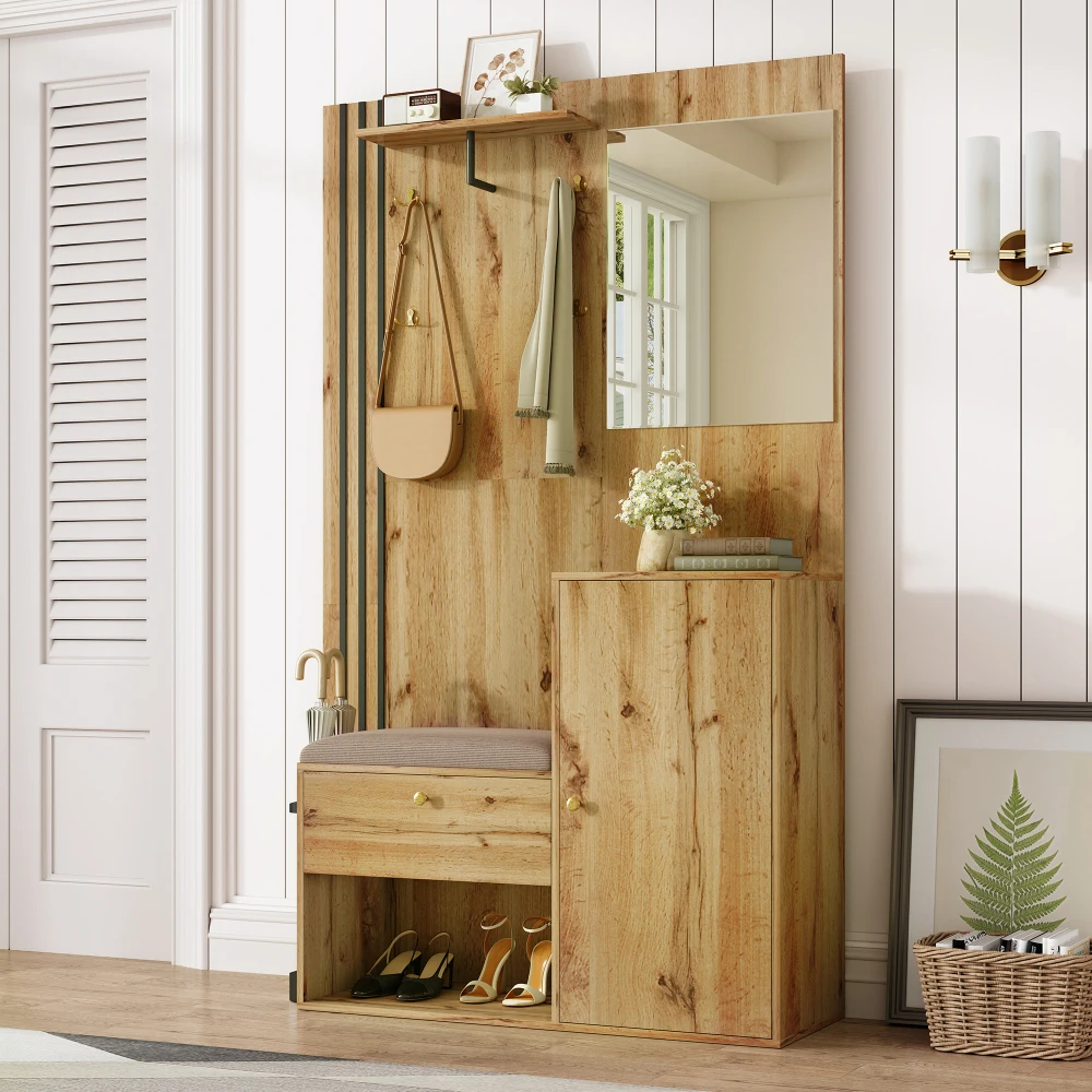 Kleiderschrank-Set, kompakter Flur-Kleiderschrank mit Spiegel und Kissen mit schwarzem Zierstreifen, Regal, Flur-Kleiderschrank, Schuhschrank – Detail 8