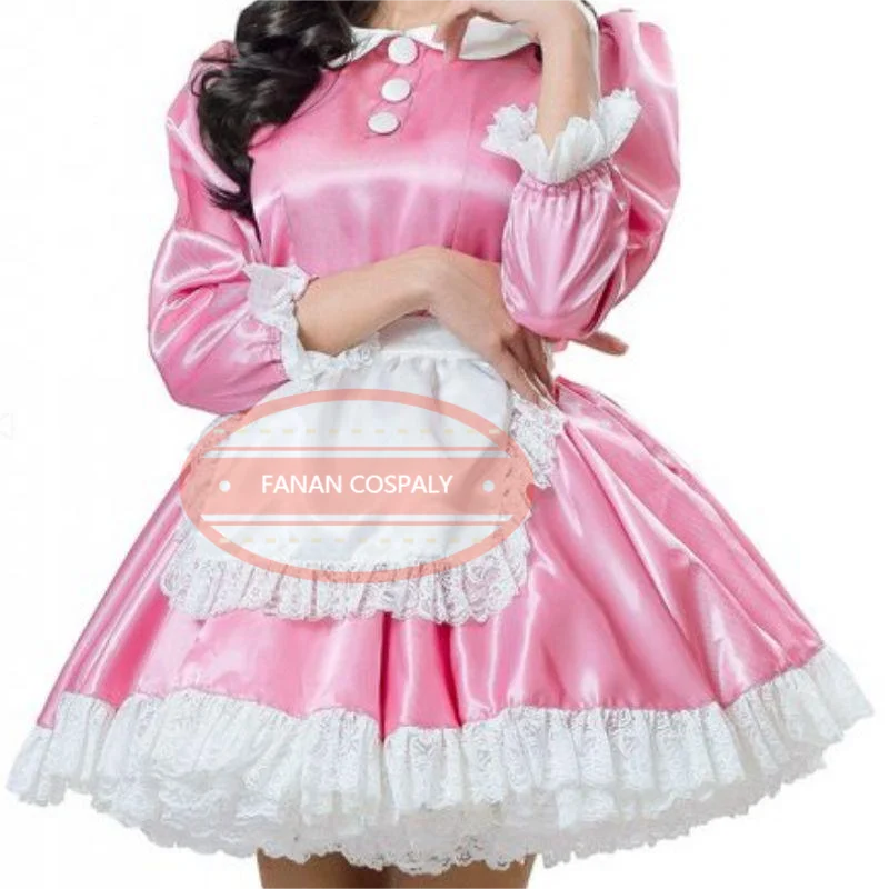 

Adult Giant Baby Sexy Girl Pink Satin Dress White Apron Dress Sissy Role Play Girl Makeup Ball Maid Customizable Lockable Multi