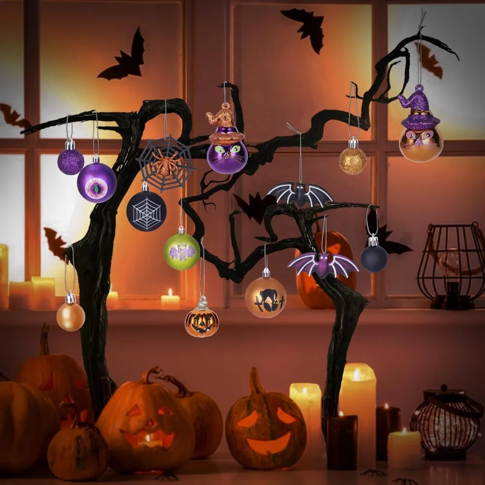 مجموعة زينة كرة الهالوين مكونة من 28 قطعة، زينة شجرة الهالوين المعلقة المقاومة للكسر مع عنكبوت، يقطين، تصميم جمجمة للداخلية