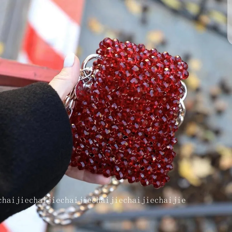 

2024 Red Woven Crystal Bags New Year Christmas Handmade Beaded Small Handbag Fashion Versatile Crossbody Long Chain Shoulder Bag