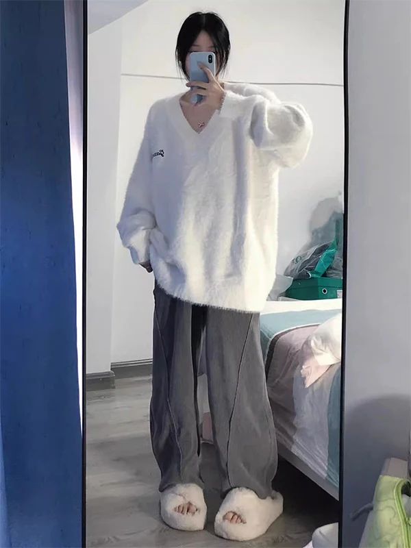 

Thiened свободный свитер Camere с v-образным вырезом, женский вязаный топ из искусственного меха, осень-зима, американский ленивый топ