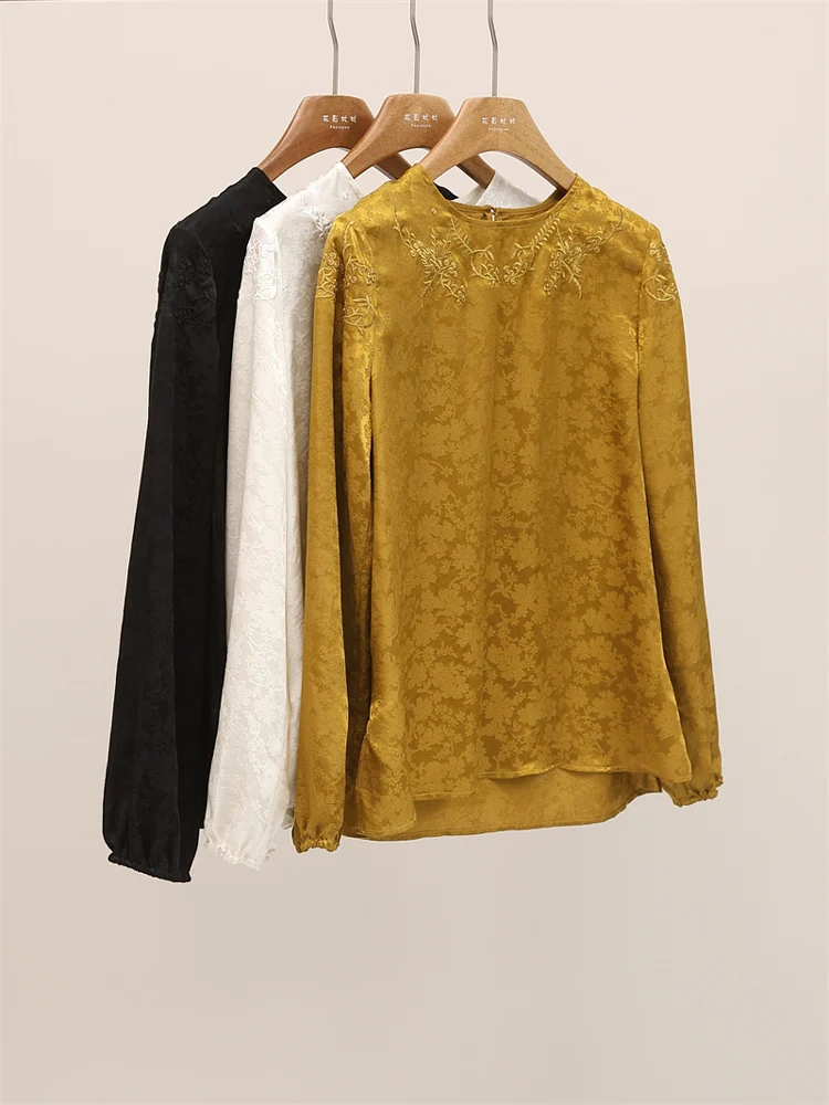 

Шелковая вышитая блузка с длинным рукавом для женщин: свободная, удобная, винтажная, универсальная, с цветочным узором, повседневная, с круглым вырезом
