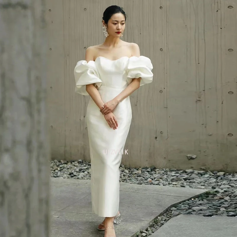 

Sexy Off the Shoulder Wedding Dress Women White Sheath Sweetheart Midi Wedding Gown Puff Sleeves Photos Shoot Bridal Dresses