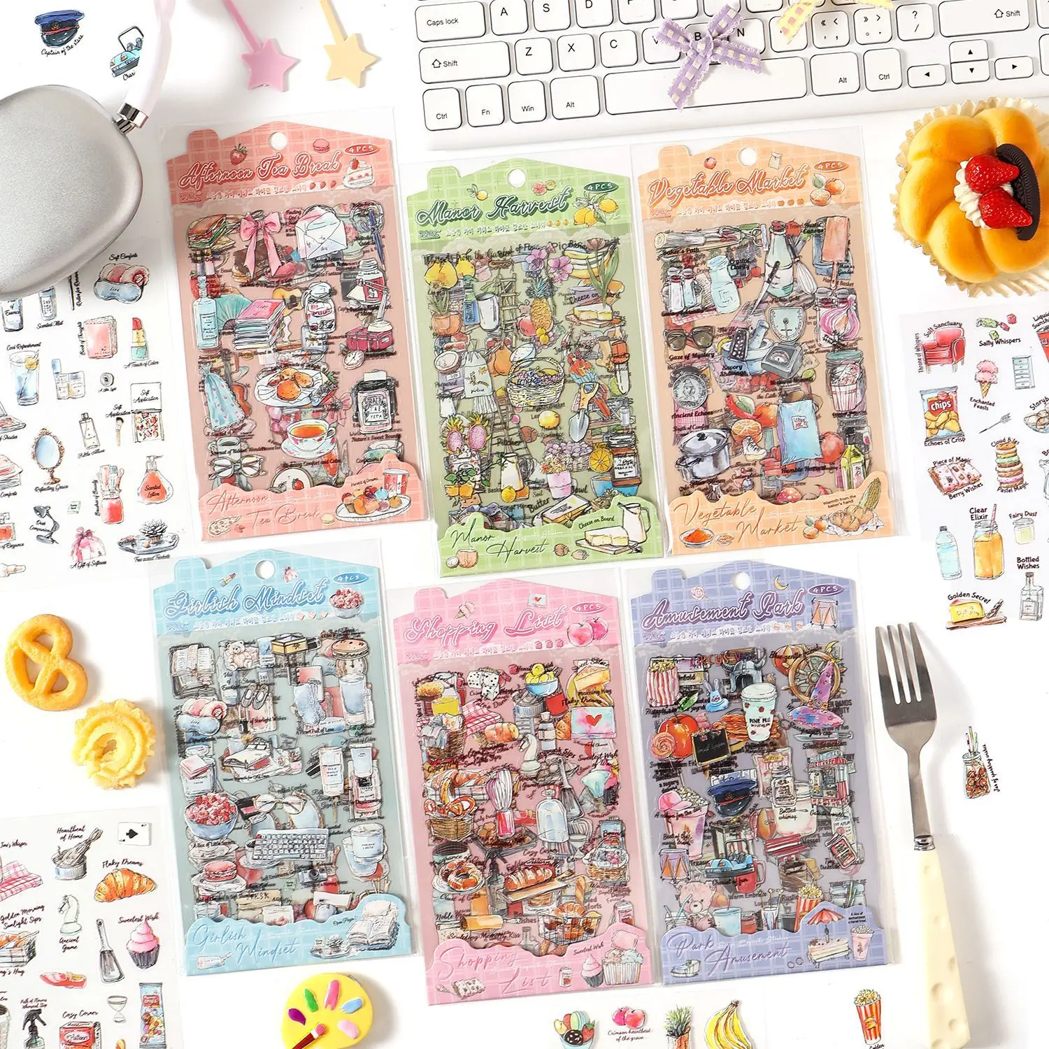 

4pcs Kawaii Stationery Stickers Salt based Four Language Junk Journal Planner Decorative Sticker Scrapbooking