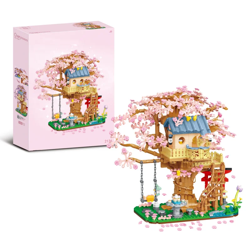 DIY Pink Cherry Blossom Treehouse Building Blocks Set Creative Educational Holiday Gift Perfect for Fam1446PCS toys Cherry tree