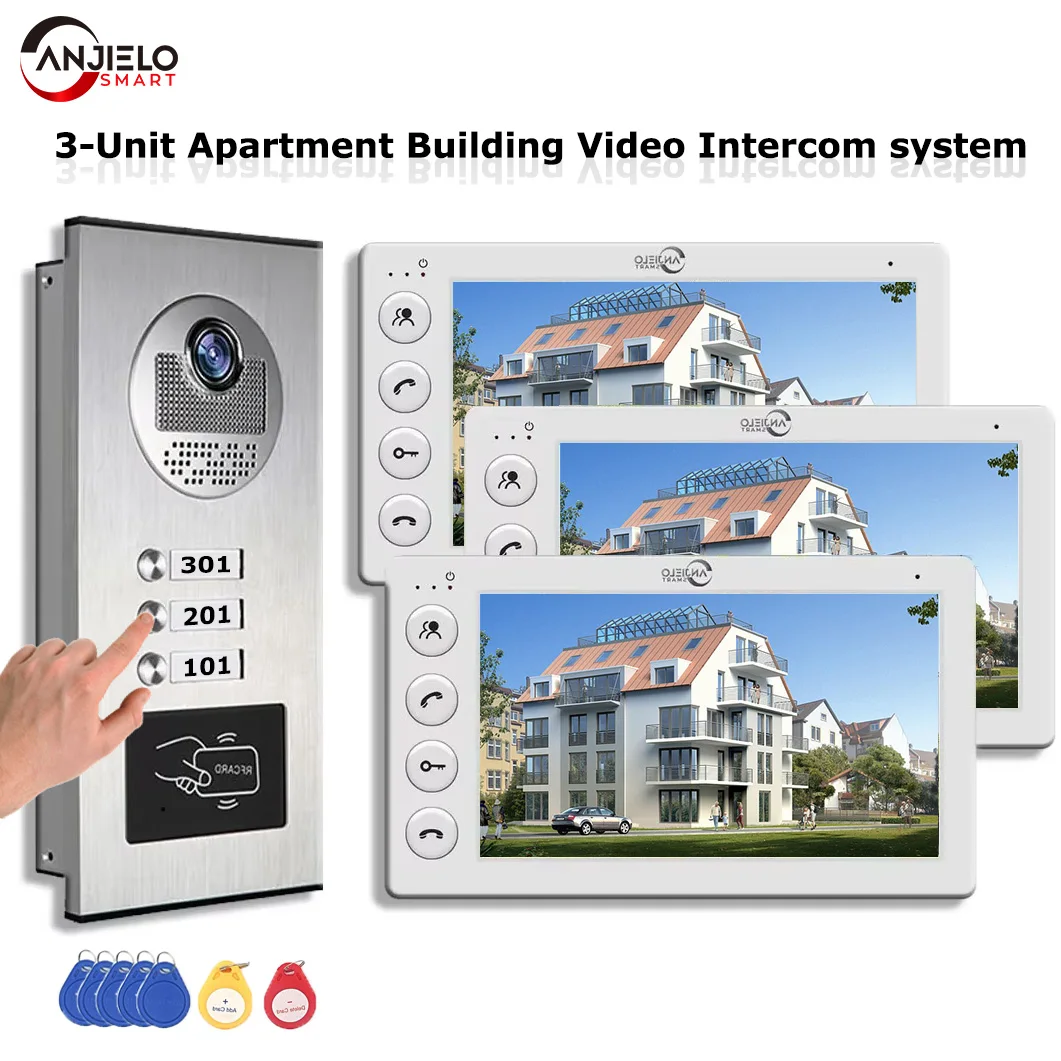 ANJIELO 3 единицы для нескольких квартир, видеодомофон с RFID-картой, разблокировка 7-дюймовой 4-проводной видеодомофонной системы