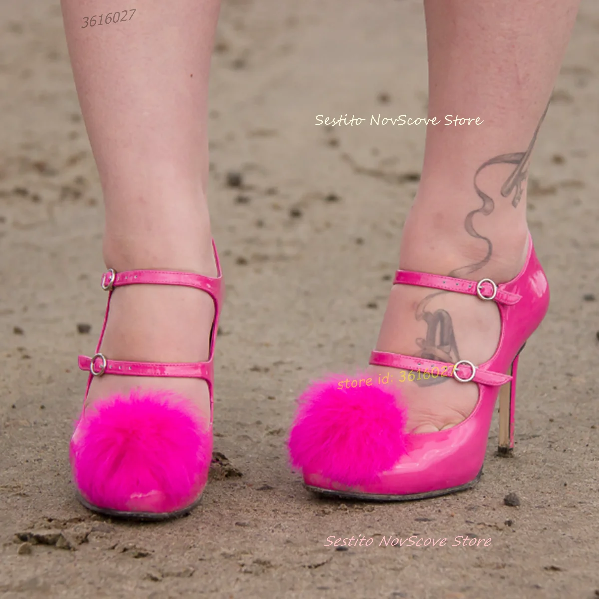 

Pointy Toe Fuchsia Sandals Stiletto High Heel Pumps Patent Leather Belt Buckle Shallow Single Shoes Furry Ball Decor Summer Shoe