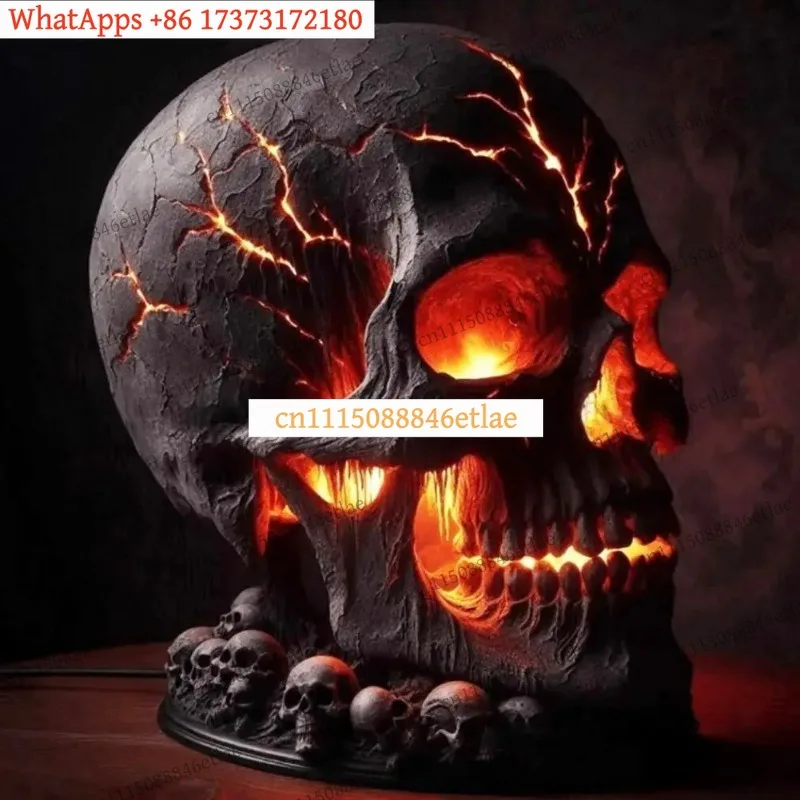 k3 Halloween Lava Stone Skull Desk Lamp with Spooky LED Light, Unique Mantel Decoration & Room Accent for Party