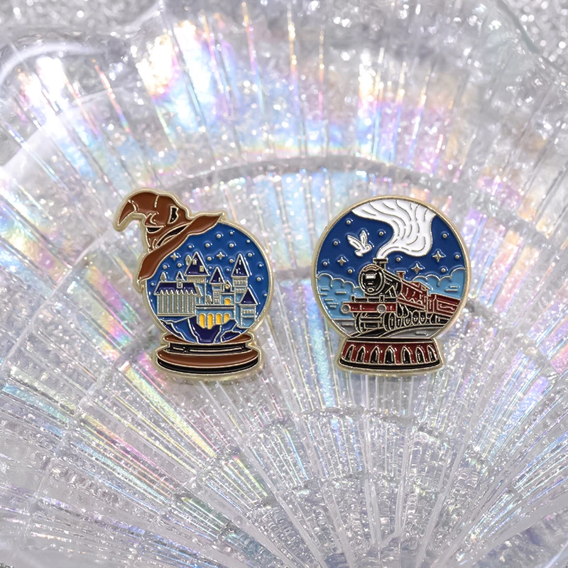 Cartoon Magic Crystal Ball Enamel Pins Dream Castle Train Wizard Hat Metal Brooches Lapel Badge Jewelry Gifts For Kids Friends