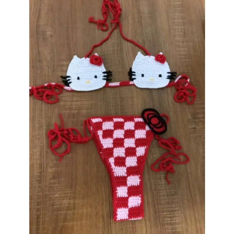 Conjunto de biquíni de crochê fofo da senhora 2 peças maiô sexy micro biquinis 2024 laços maiô tangas roupa de banho das mulheres