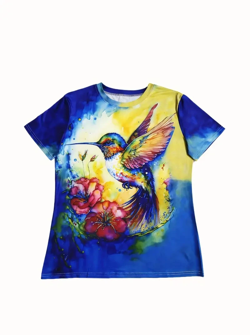 Women's PLUS Size 3D Animal Bird Print Short Sleeved T-shirt, Loose and Casual, Soft, Comfortable and Breathable, Outdoor Sports