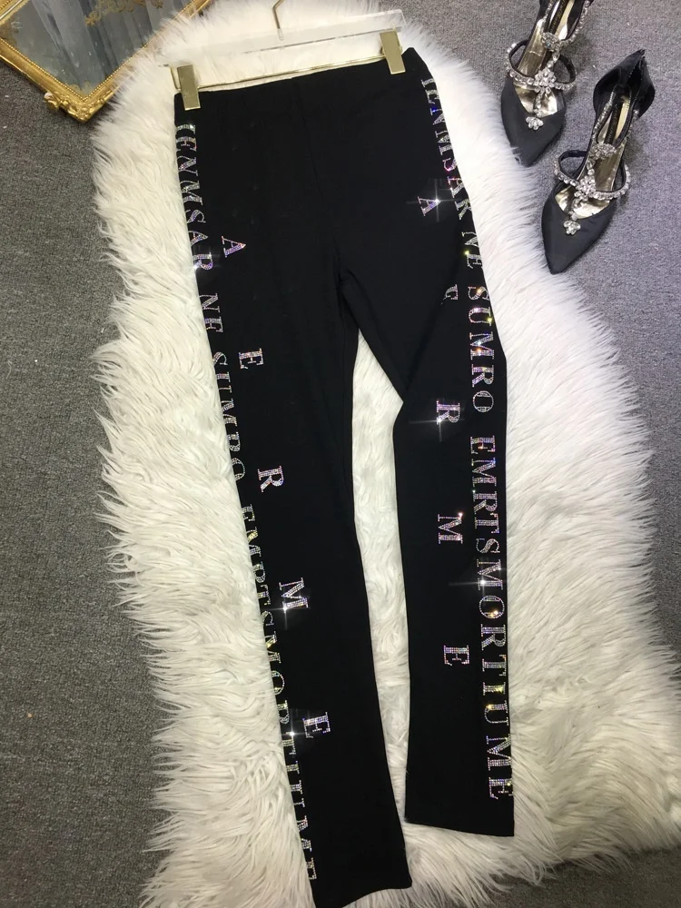 Letters Hot Blingbling Drilling Female Bottoming All-match Elastic High Waist Black Skinny Pants Out Wear Street Leggings