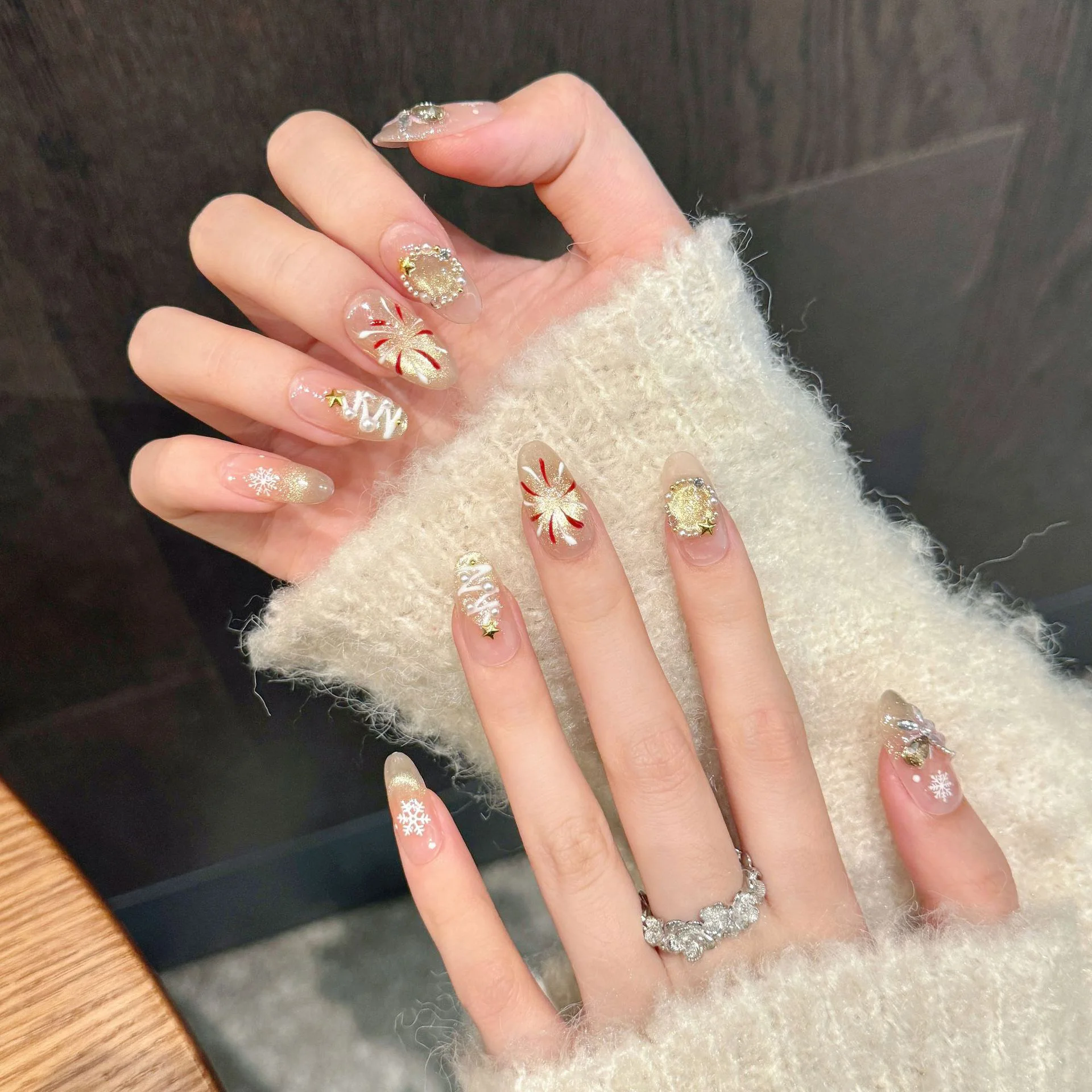 10 Stück handgemachte Nägel zum Aufdrücken, Weihnachten, Schneeflocke, rot, französische Kunstnägel, tragbar, Glitzer, Mandel, künstliche Nägel, Kunst, lang, abnehmbar