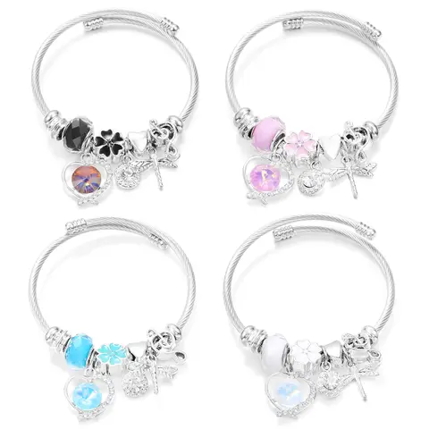 New Trendy Rhinestones Dragonfly Crystal Beaded Pendant Bracelet Stainless Steel 4 Colors Closure Bangles Women Bracelet Jewelry