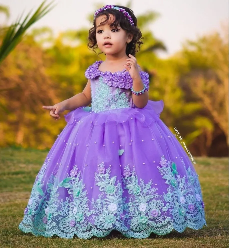 

Pearls Lovely Light Purple Flower Girl Dresses For Kids Pageant Gown Birthday Party Lavender First Communion Dress