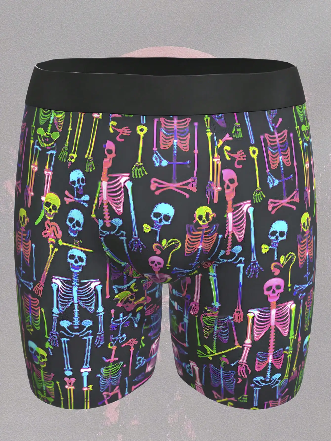 

Men's Boxer Briefs with Vibrant Neon Skeleton Print - Black Base, Stretch Fit for Festive & Casual Wear