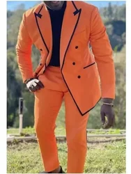 Orange Men Suits 2 Pieces Black Trimming Peaked Lapel Costume Homme Wedding Groom Tailored Made Blazer Sets