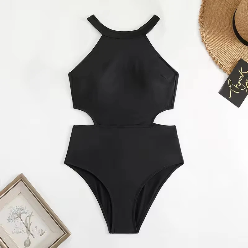 

High Leg Cut Black Bikini Backless Hollow Out Bikinis Sets O-neck Swimsuit Vacation Swimwears Women Beach Bathing Swimming Suit
