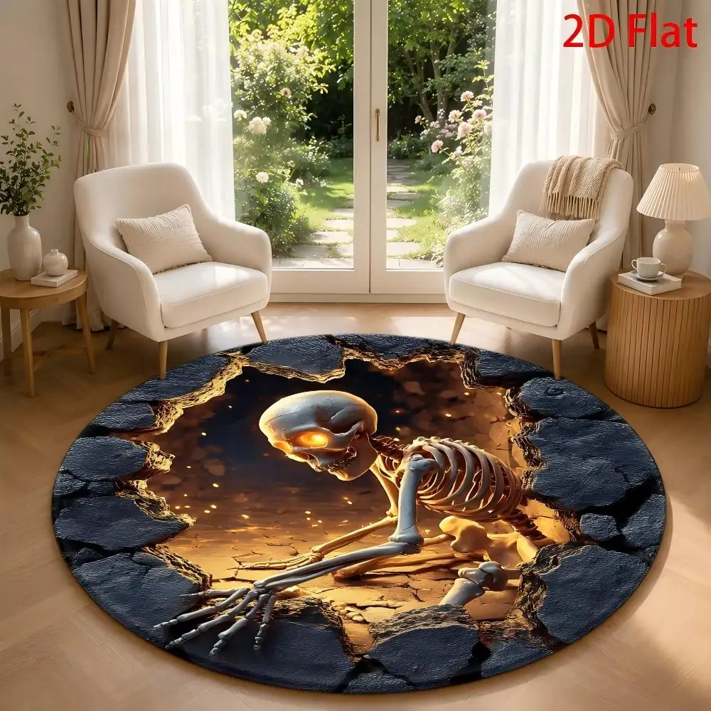 Glowing Eyes Skeleton Halloween 3D Hole Area Rug Home Decor Entrance Hallway Sofa Side Bedroom Kitchen Coffee Table Doormat