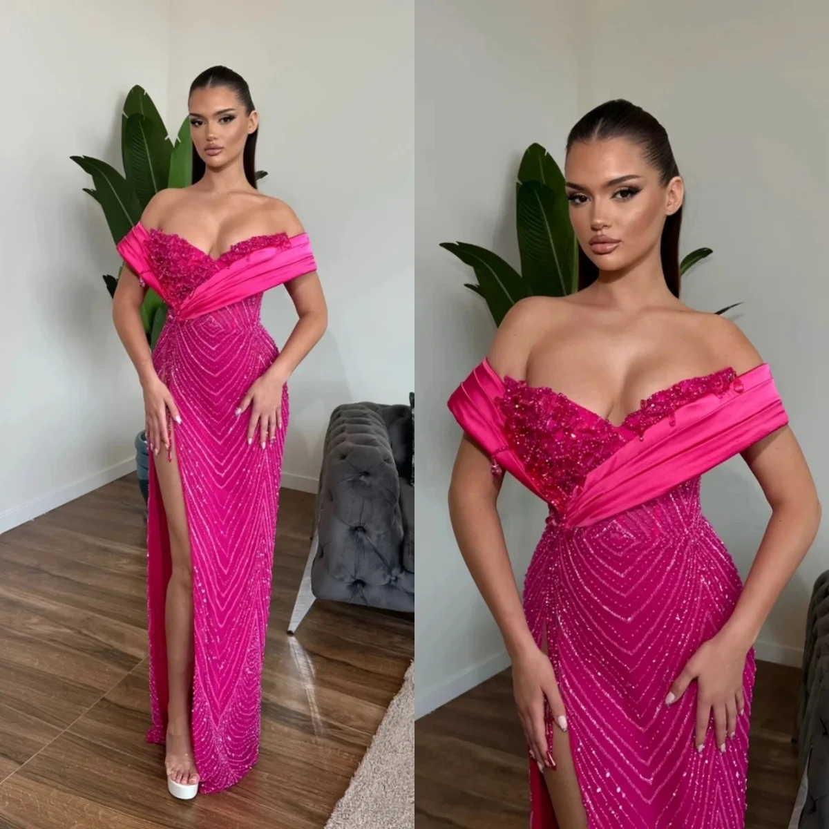 

Modern Off Shoulder Evening Dresses Deep Sequins Prom Dress High Split Beads Mermaid Sequins Party Gowns Vestidos De Noche