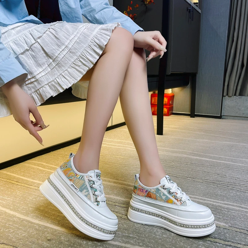 

Women Ethnic Printed Platform Sneakers Rhinestone Thick Bottom Casual Shoes Lace Up Comfortable Fashion Elevator Footwear Ladies