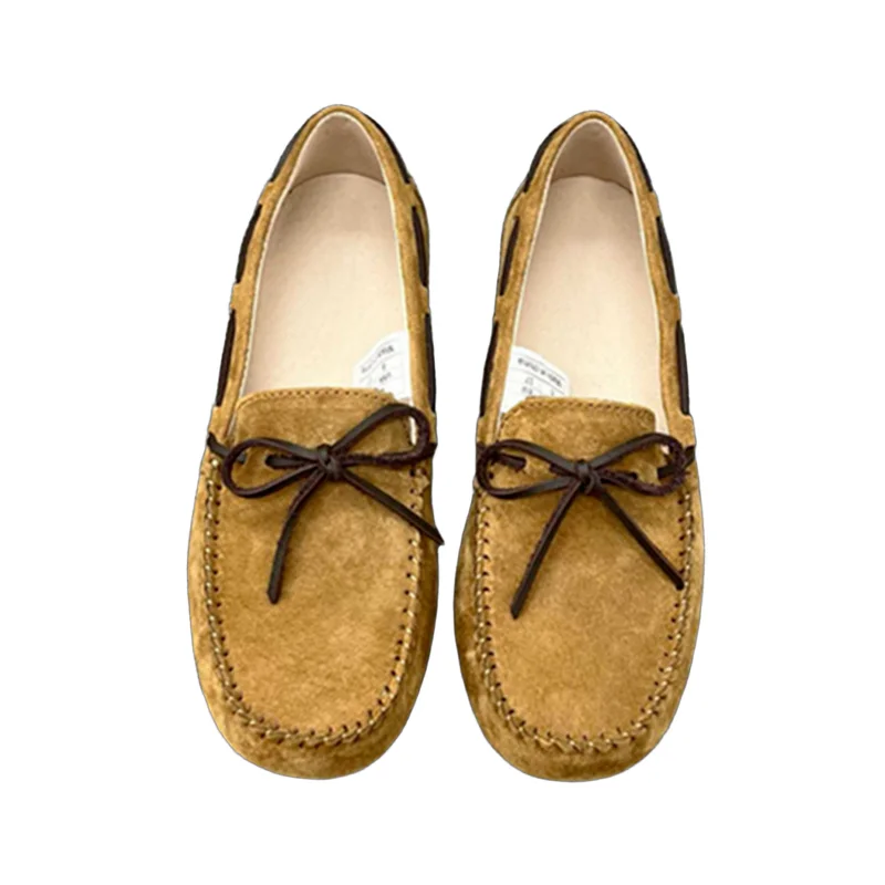 

Withered Nordic Minimalist Handmade Leather Flat Shoes Vintage Bow Tie Lace-up Suede Loafers Slip On Bean Shoes Women