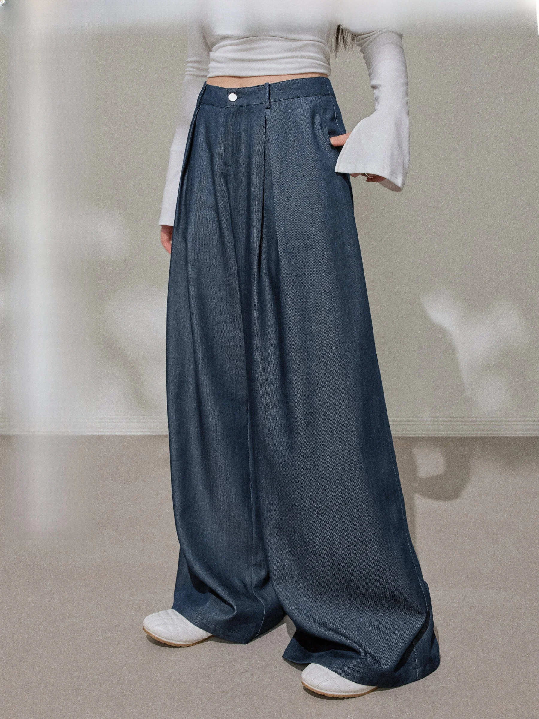 

Джинсы с широкими штанинами для похудения, с высокой талией, складчатым дизайном, больших размеров, длинные джинсовые брюки для полных женщин, для повседневной носки