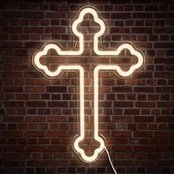 USB Dimmable White Glow Neon Cross Sign LED Wall Art for Home Church Prayer Room Decor Spiritual Symbol of Faith Unique Gift