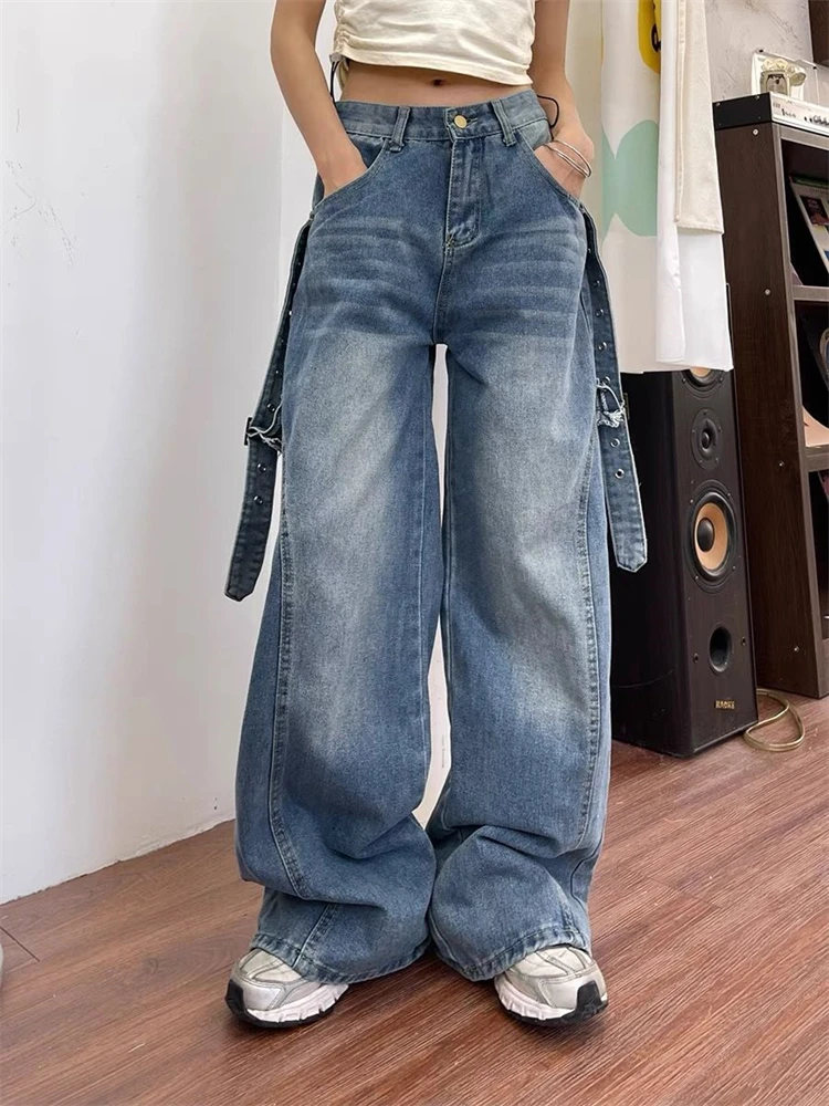 

Women's Splicing Strap Design Blue Jeans Street Cool Girl High Waist Bottoms Wide Legs Pants Female Baggy Denim Trousers