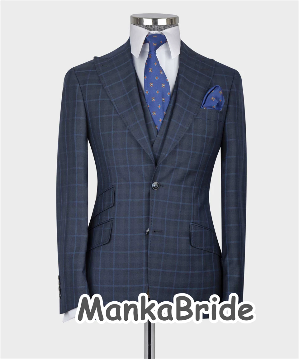 Classic Navy Blue Plaid Wedding Tuxedo Formal Groom Men Suits Slim fit 3PCS Blazer Vest Pants Business Wear Prom Party Male Suit