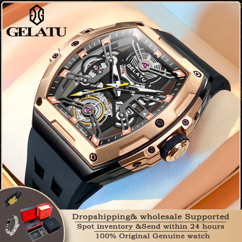 

GELATU 6012 Men's Watch Luxury Brand Automatic Mechanical Watch Waterproof Skeleton Sports Silicone Watch Strap Relios Masculino