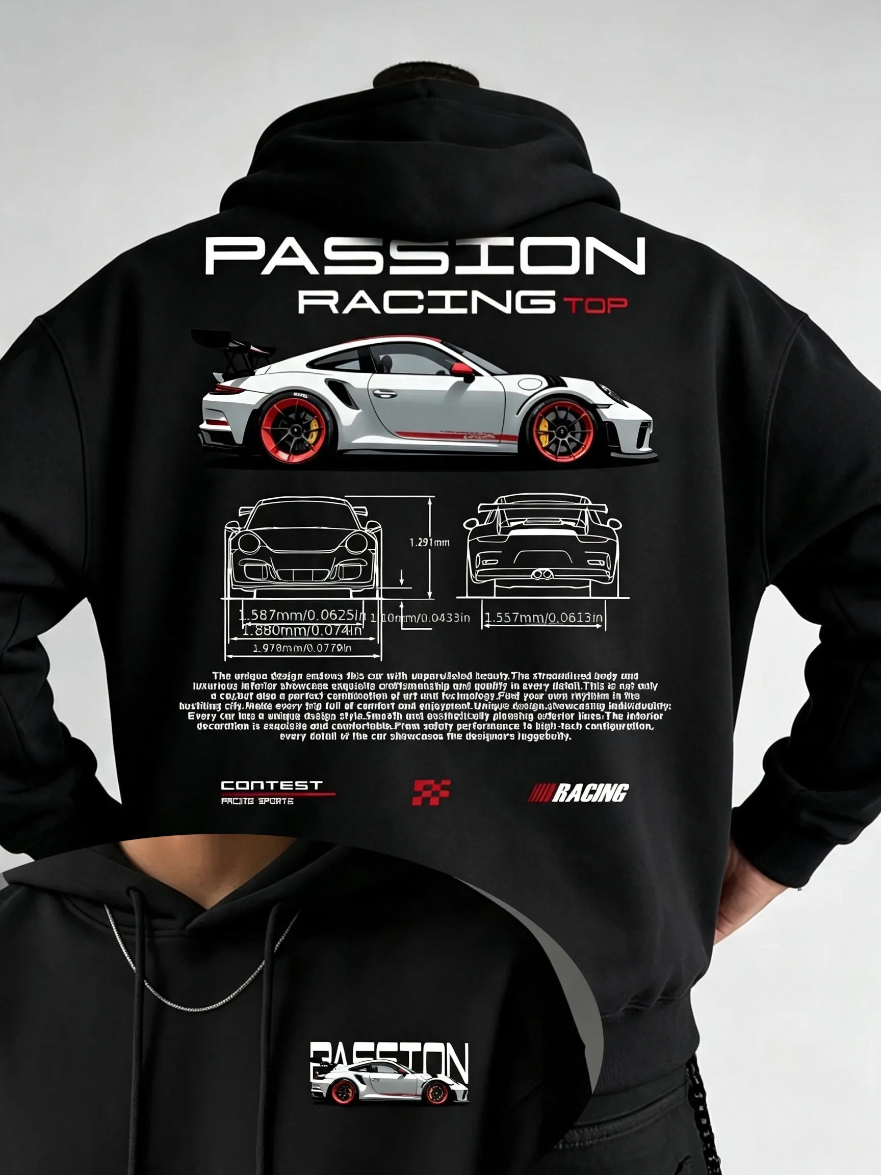 Herren-Kapuzenpullover mit hochwertigem Rennsport-Element-Print-Design, Rundhalsausschnitt und trendigem Street-Style-Modedesign. – Detail 8