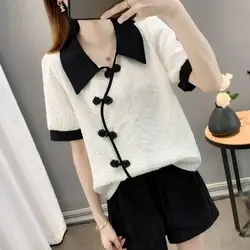 Chinese Style Summer New Short Sleeved Shirt for Women's Loose Slimming Temperament Elegant Casual Plate Button Trendy White Top