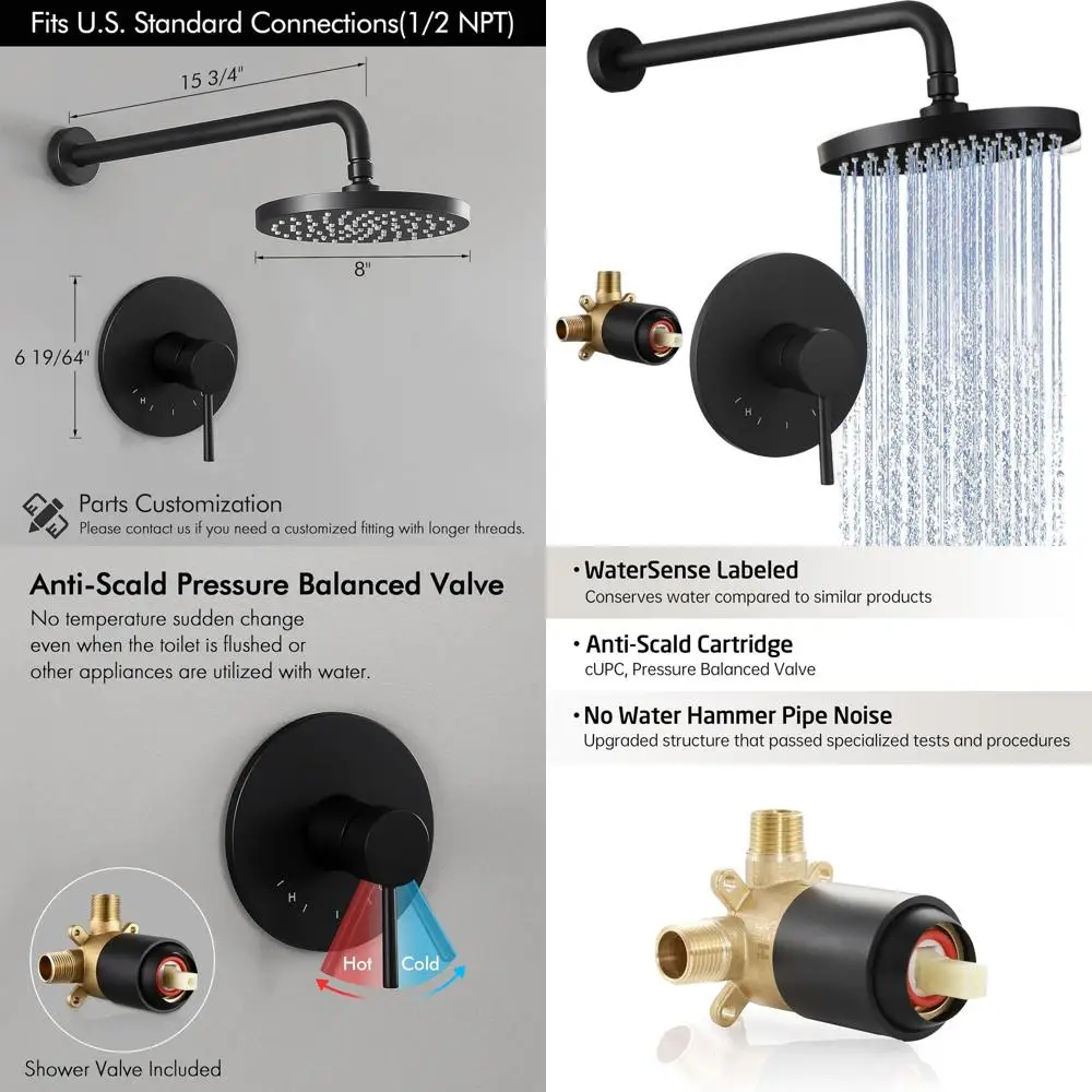 Black Wall-Mounted Rain Shower System with Pressure Balance Valve and Trim Kit, XB6202F18-BK