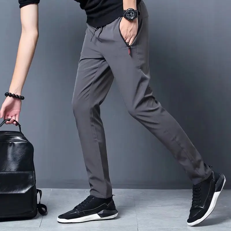 Spring Autumn Men's Casual Pants 2024 Summer Straight Leg Quick Dry Elastic Waist Business Long Trousers Youth Active Style